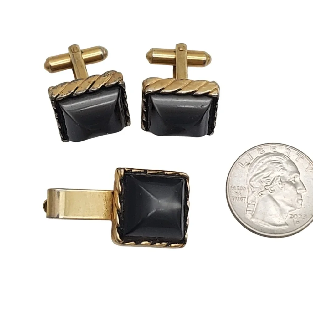 Dark Gray Square Cufflinks & Tie Clip Gold Tone Bar Clasp Faux Moonglow Vtg Set